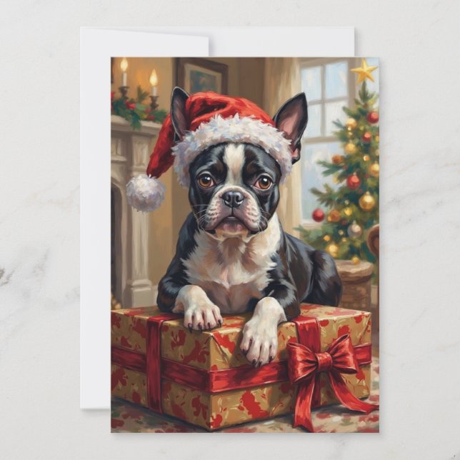 Dapper Boston Terrier Dog Christmas Gift Julkort (Framsida)