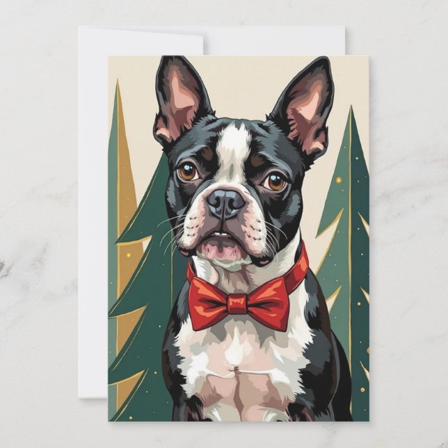 Dapper Boston Terrier Tuxedo Modern Christmas Art Julkort (Framsida)
