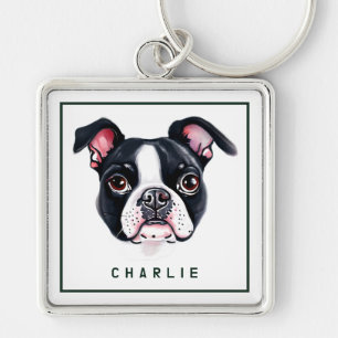 Dapper Boston Terrier Valp Personlig Fyrkantig Silverfärgad Nyckelring