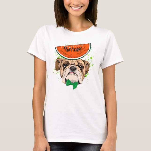 Dapper Bulldog med Watermelon Hat & Grönt Bow Tie T Shirt (Framsida)