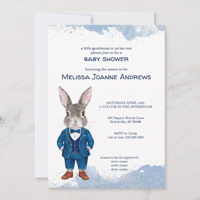 Dapper Bunny i Blue Kostym Boy Baby Shower Inbjudningar (Framsida)
