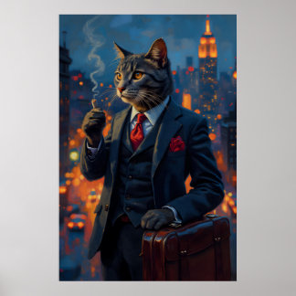 Dapper Cat i Kostym Funny Animal Porträtt Poster