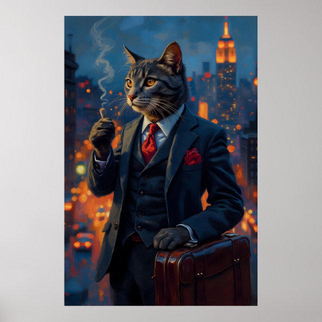 Dapper Cat i Kostym Funny Animal Porträtt Poster (Framsidan)