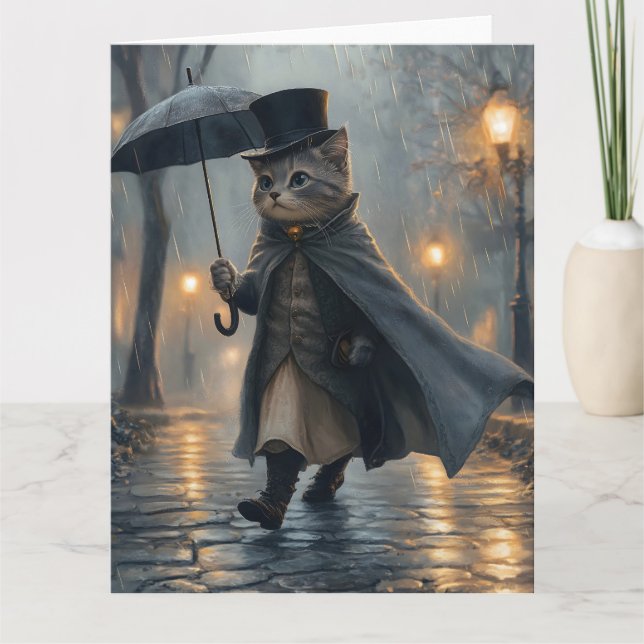 Dapper Cat Strullande i Rain med ett paraply Kort (Framsida)