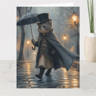Dapper Cat Strullande i Rain med ett paraply Kort