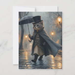 Dapper Cat Strullande i Rain med ett paraply Vykort