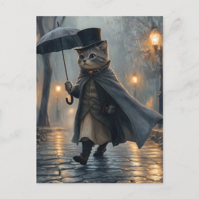 Dapper Cat Strullande i Rain med ett paraply Vykort (Framsida)