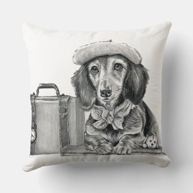 Dapper dachshund redo för äventyr kudde (Baksida)