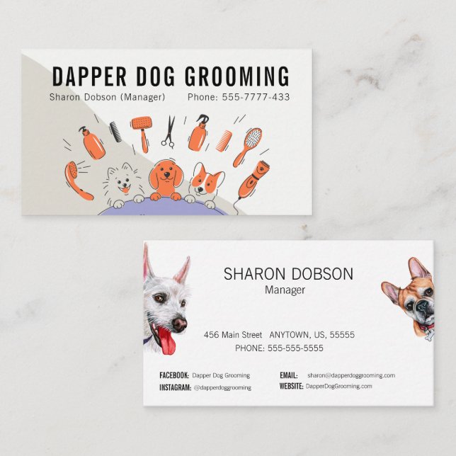 Dapper Hund Grooming Pet-Affärskortet Visitkort (Fram/baksida)