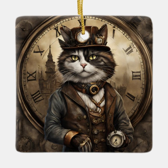 Dapper Steampunk Calico Cat Julgransprydnad Keramik (Framsida)