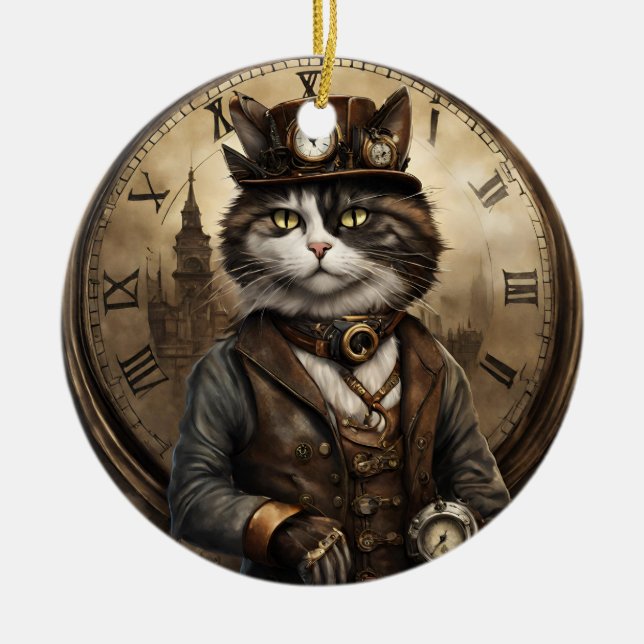 Dapper Steampunk Calico Cat Julgransprydnad Keramik (Framsidan)