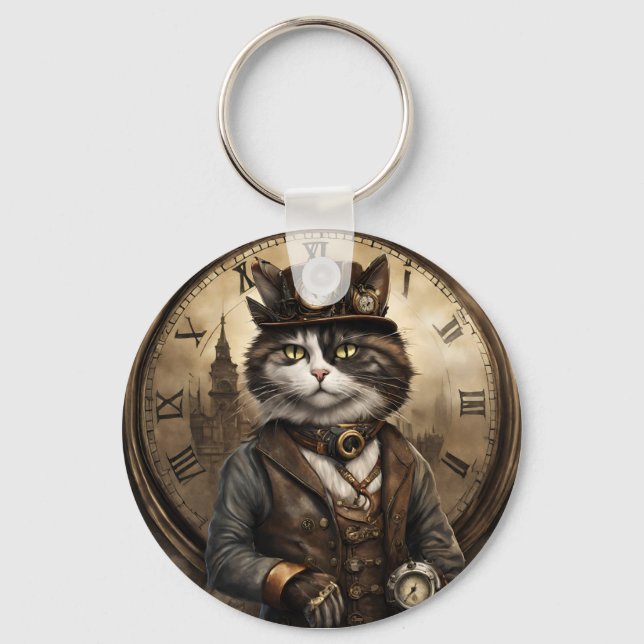 Dapper Steampunk Calico Cat Nyckelring (Framsida)