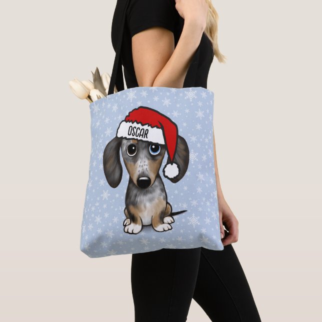 Dapple Dachshund Santa Cute Wiener Hund Tygkasse (Närbild)