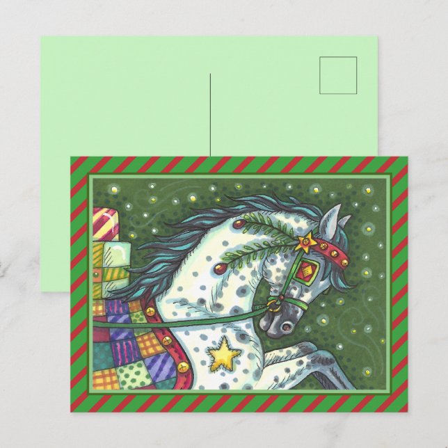 DAPPLE GRÅTT I ETT HÖGRE ÖPPET SLEIGH, FÄRG HELG VYKORT (Fram/baksida)