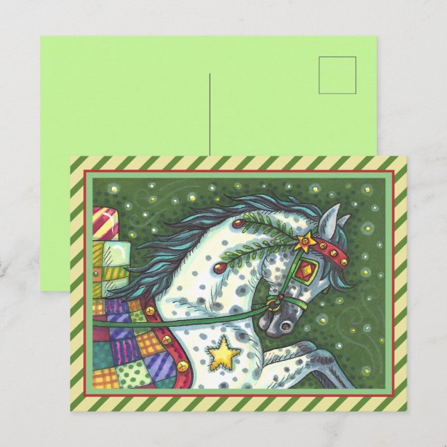 DAPPLE GRÅTT I ETT HÖGRE ÖPPET SLEIGH, FÄRG HELG VYKORT (Fram/baksida)