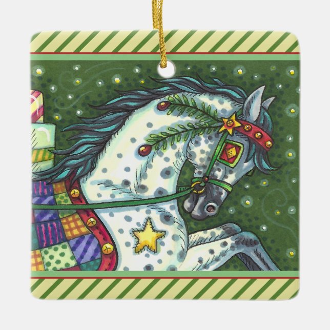 DAPPLE GRÅTT I ETT HÖGRE ÖPPET SLEIGH, FÄRG JULGRANSPRYDNAD KERAMIK (Framsida)