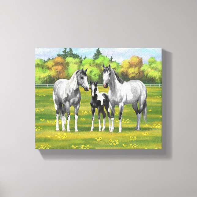 Dapple Grått Pinto Paint Horses in Summer Pastor Canvastryck (Framsida)