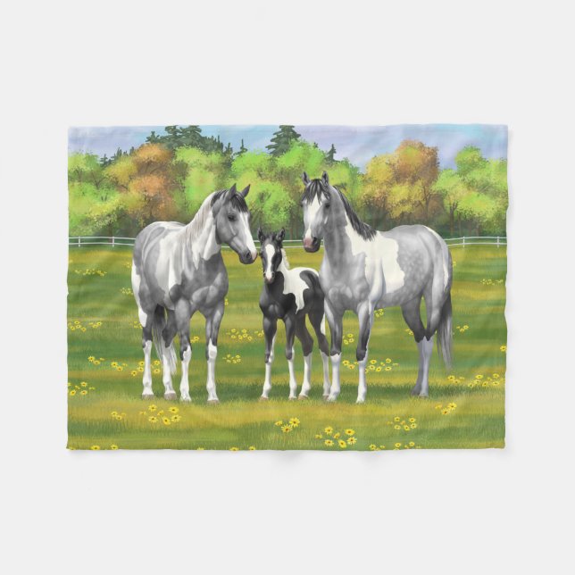 Dapple Grått Pinto Paint Horses in Summer Pastor Fleecefilt (Framsidan (Horisontell))