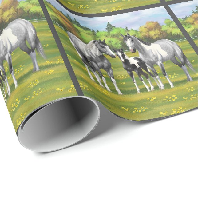 Dapple Grått Pinto Paint Horses in Summer Pastor Presentpapper (Rullad Hörn)