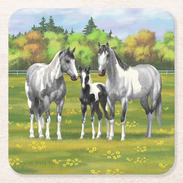 Dapple Grått Pinto Paint Horses in Summer Pastor Underlägg Papper Kvadrat (Framsidan)