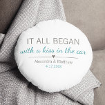 Där det hela började med Romantic Valentines day P Rund Kudde<br><div class="desc">Där allt började... Den kudde som har plats och datum för ditt möte, med ett vackert hjärta. Välj ditt eget färg och anpassa anpassad design med ditt eget namn och egen text. Perfektens gåva för att berätta om kärlek på Alla hjärtans dag, årsdagen eller Bröllop och fira början på något...</div>