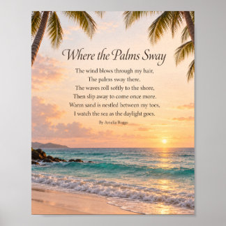 Där palmerna svajar Strand Solnedgång dikt Poster