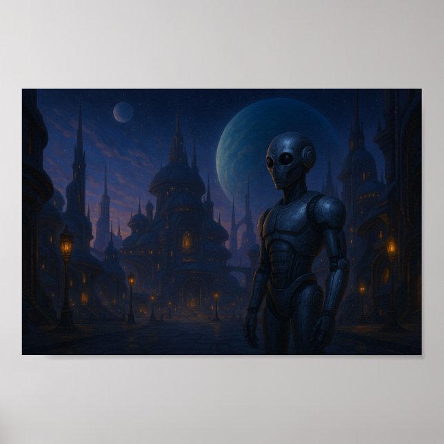 Där Steel möter Stars-Robot i en Alien City Poster (Framsidan)
