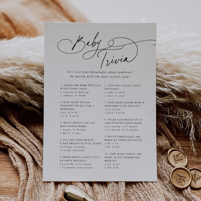 DARCY Black White Baby Shower Trivia-spelkort Inbjudningar (DARCY Black White Baby Shower Trivia Game Card)