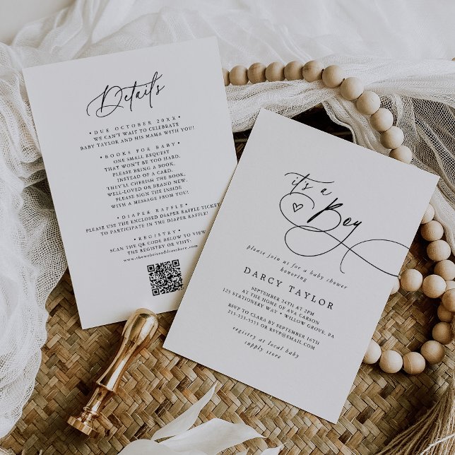 DARCY Classic Black White Det är en pojkvän-babysk Inbjudningar (DARCY Classic Black White It's A Boy Baby Shower Invitation)