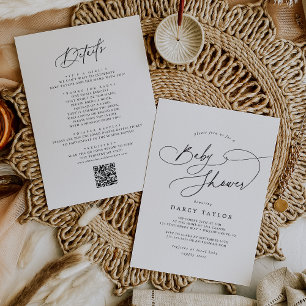 DARCY Simple Boho QR Code Black White Baby Shower Inbjudningar
