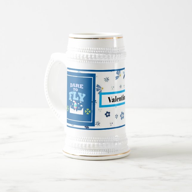 Dare to Fly Mug – Blue Floral Inspirational Patter Sejdel (Framsida vänster)