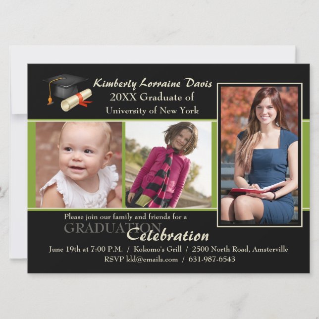 Därefter och nu grön fotostudenteninbjudan inbjudningar (Framsida)