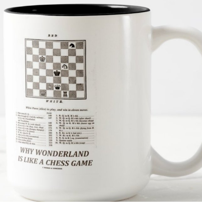Därför underland är lik en schacklek (prefacen) Två-Tonad mugg (Mug featuring "Why Wonderland Is Like A Chess Game" for any Wonderland fan or fan of chess)