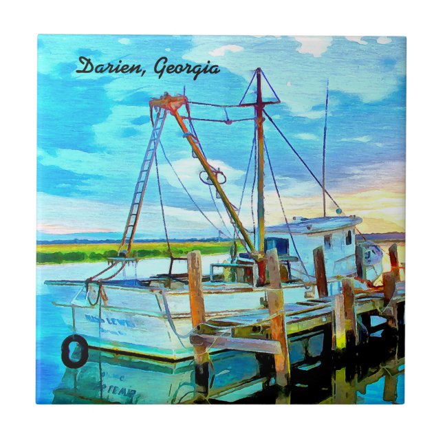 Darien Shrimp Boat Fleet with Darien, Georgia Text Kakelplatta (Framsidan)