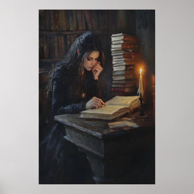 Dark Academia Girl Reading Art Gothic Library Cand Poster (Framsidan)