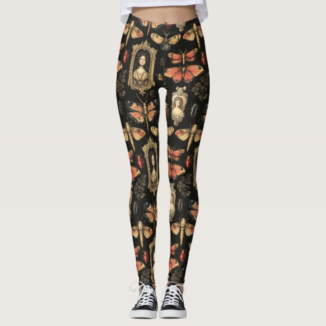 Dark Academia Goth Victorian Gothic Cameo Red Moth Leggings (Framsida)