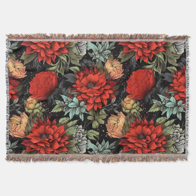 Dark Academia Maximalist Red Dahlia Throw Blanket Filt (Framsidan)