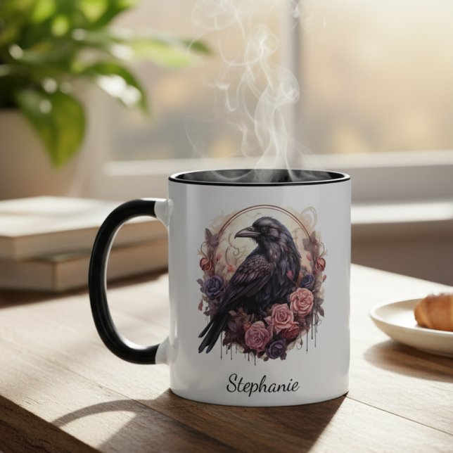 Dark Academia Raven Gothic Floral Mugg (Black raven with roses coffee mug
)
