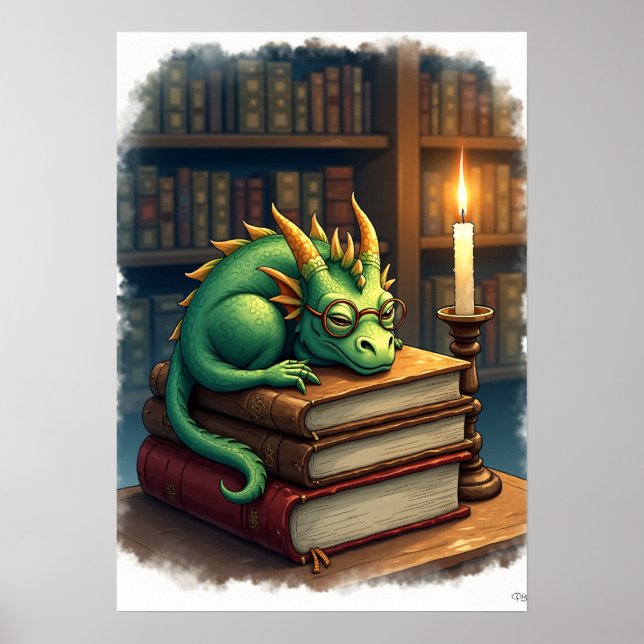 Dark Academia Reading Dragon Sticker Bookworm Slee Poster (Framsidan)