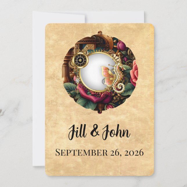 Dark Academia Steampunk Clock Wedding Invitation Inbjudningar (Framsida)
