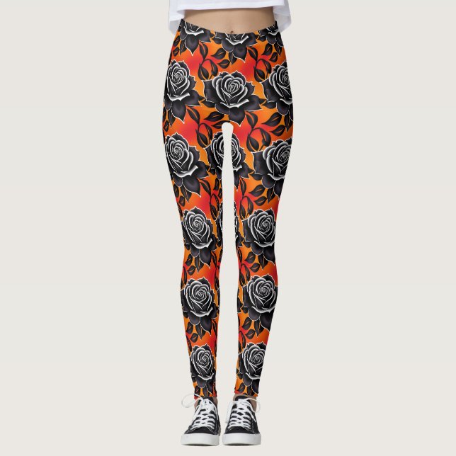 Dark Black Roses With White Outlines  Leggings (Framsida)
