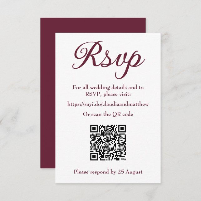 Dark Blood Red Wedding Website RSVP with QR Code OSA Kort (Fram/baksida)