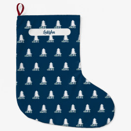 Dark Blue and White Christmas Tree Design Stor Julstrumpa