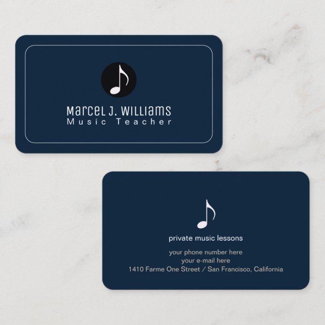 Dark Blue Business Cards With Music Note Visitkort (Fram/baksida)