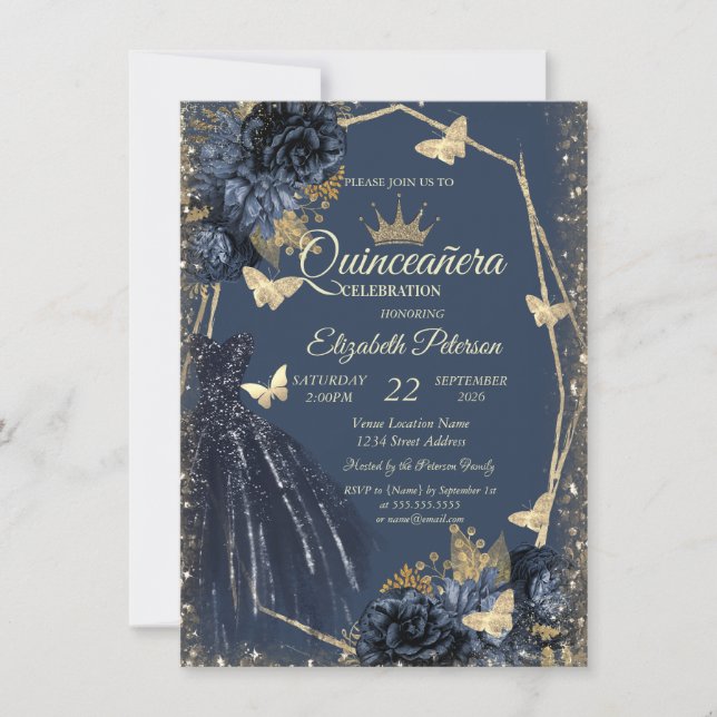Dark Blue Dress,Roses,Gold Butterflies Quinceañera Inbjudningar (Framsida)