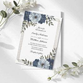 Dark Blue Floral Frame Wedding Invitation Inbjudningar