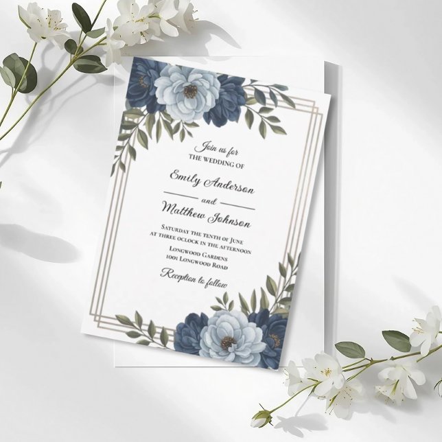 Dark Blue Floral Frame Wedding Invitation Inbjudningar (Skapare uppladdad)