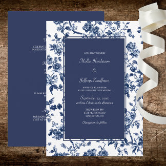 Dark Blue Floral Wedding Inbjudningar