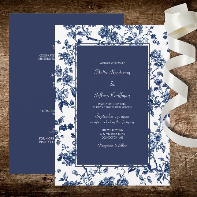 Dark Blue Floral Wedding  Inbjudningar (Skapare uppladdad)