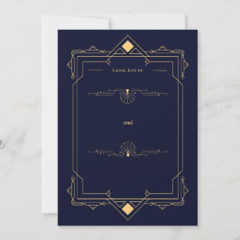 Dark Blue &Gold Art Deco Style Wedding Invitation Inbjudningar